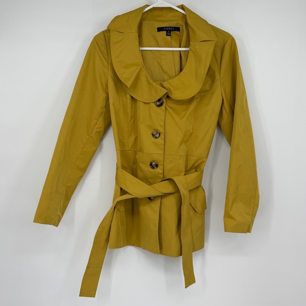 Sandro Studio Mustard Yellow Ruffle Collar Belted Trench Coat Jacket Size M